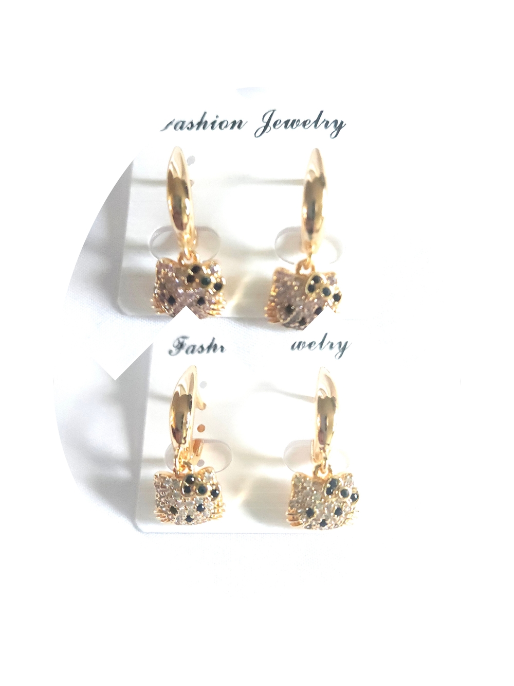 Gold Plated Kitty Style Drop Earrings  Pink And Clear Rhinestone